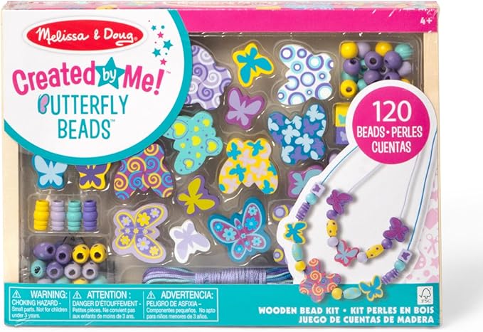 Melissa & Doug: Created by Me! Butterfly Beads مجموعة خرزات فراشة خشبية، أكثر من 150 خرزة لصنع المجوهرات