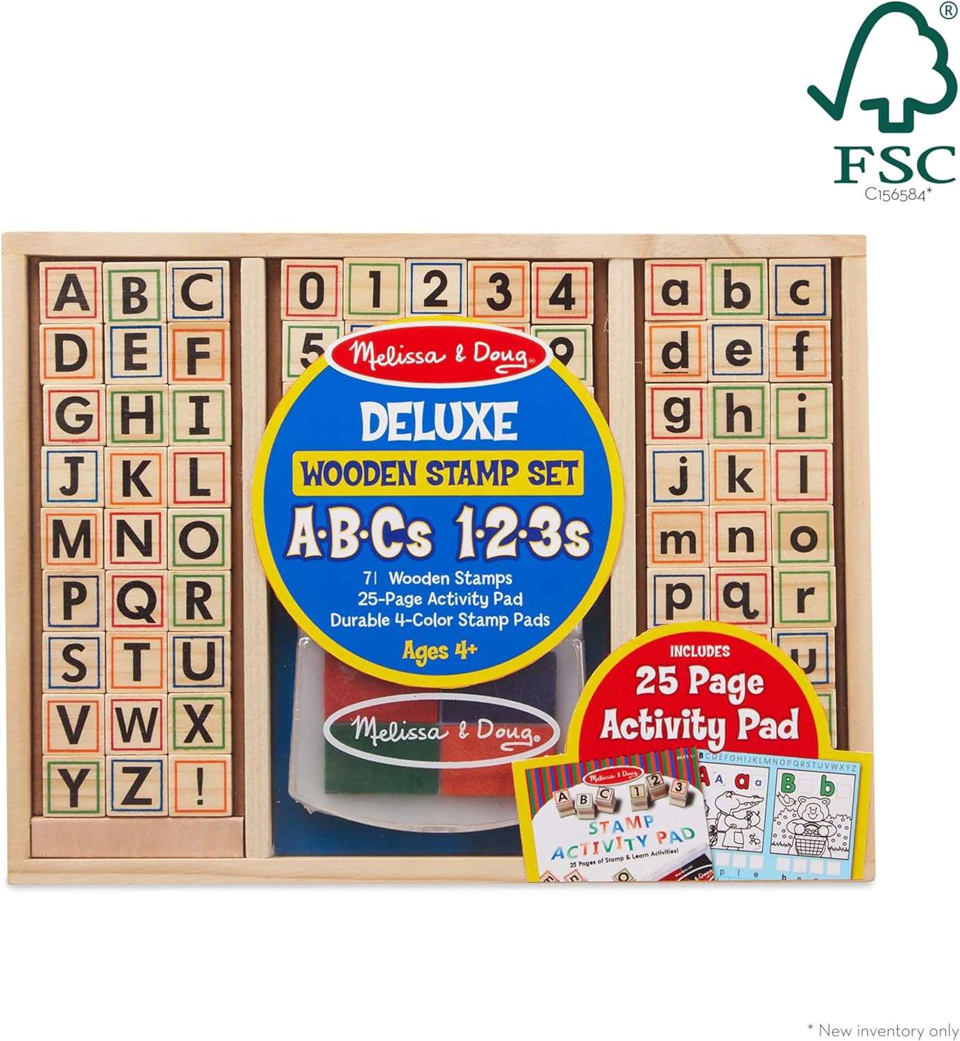 مجموعة أختام الأنشطة الأبجدية الخشبية ABC من ميليسا آند دوغ - مجموعة أختام الأبجدية والأرقام المكونة من 56 قطعة مع وسادات حبر وصندوق تخزين