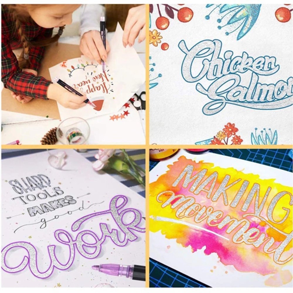 12 Colors Shimmer Outline Markers, Double Line Metallic Pen Set جوفي - عبوة نفطة مكونة من قطعتين ذهبي وفضي معدني جوفي - عبوة نفطة مكونة من قطعتين ذهبي وفضي معدني
