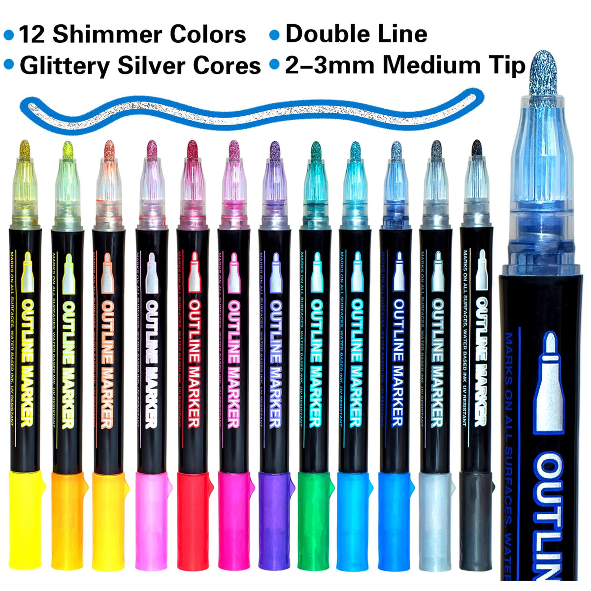 12 Colors Shimmer Outline Markers, Double Line Metallic Pen Set جوفي - عبوة نفطة مكونة من قطعتين ذهبي وفضي معدني جوفي - عبوة نفطة مكونة من قطعتين ذهبي وفضي معدني