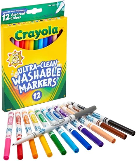 Crayola Ultra-Clean Washable Markers Color FINE LINE - 12  Bold Colors - أقلام تحديد كرايولا فائقة النظافة وقابلة للغسل، لون الحد الأقصى/الخط الدقيق - 10 ألوان جريئة