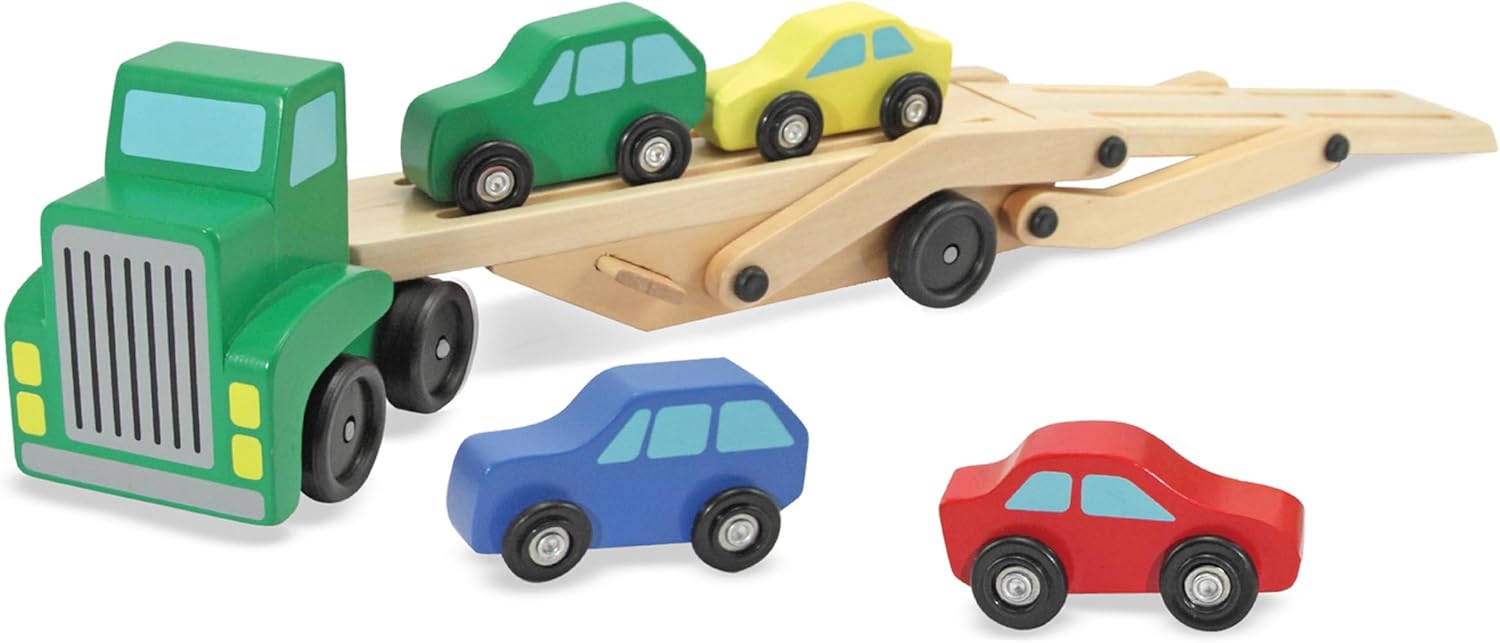 Melissa & Doug Wooden Classic Toy - Car Carrier Truck and Cars Wooden Toy Set with 1 Truck and 4 Cars - لعبة خشبية كلاسيكية من ميليسا اند دوج - توازن قوس قزح