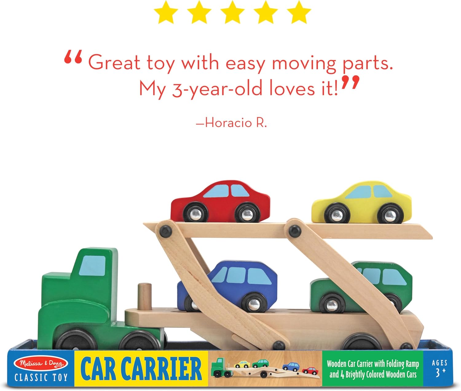 Melissa & Doug Wooden Classic Toy - Car Carrier Truck and Cars Wooden Toy Set with 1 Truck and 4 Cars - لعبة خشبية كلاسيكية من ميليسا اند دوج - توازن قوس قزح