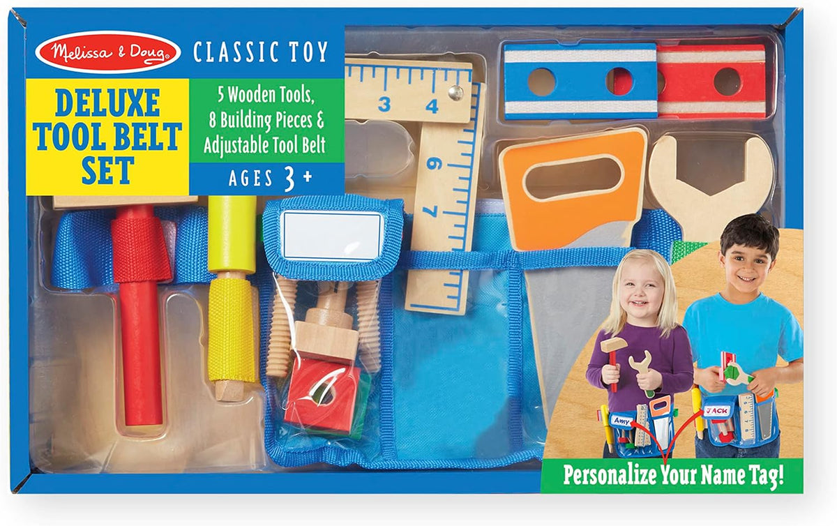 Melissa & Doug: Deluxe Tool Belt Set - Play Set Classic Toy مجموعة أدوات خشبية جامبو من ميليسا آند دوج