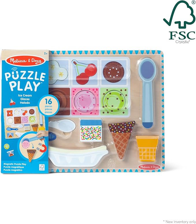 Melissa & Doug Ice Cream Wooden Magnetic Puzzle Play Activity Set, 16 Magnet Pieces - مجموعة ألعاب أحجية مغناطيسية خشبية للآيس كريم من ميليسا آند دوغ، 16 قطعة مغناطيسية