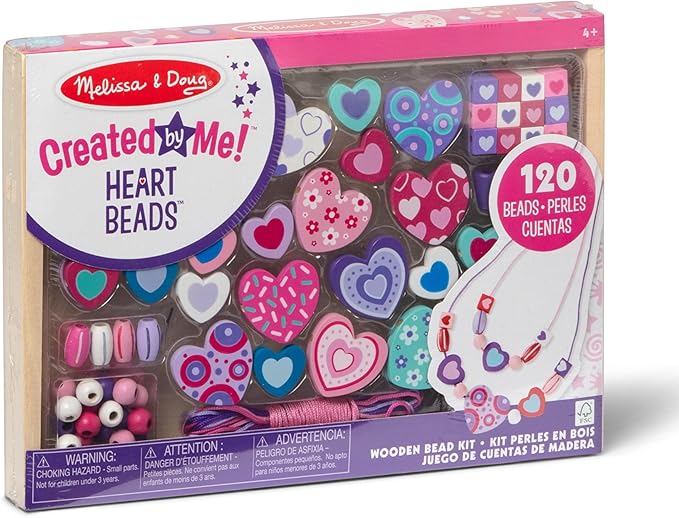 Melissa & Doug Created by Me! Heart Beads Wooden Bead Kit, 120+ Beads and 5 Cords for Jewelry-Making - Melissa & Doug Created by Me! مجموعة خرزات خشبية على شكل قلب، أكثر من 120 خرزة و5 خيوط لصنع المجوهرات