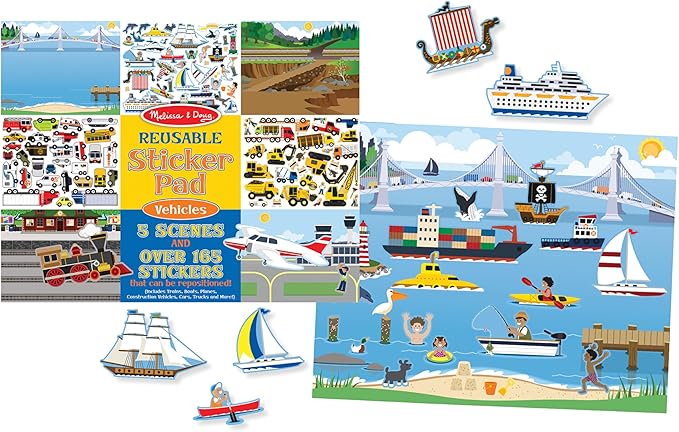 Melissa & Doug Reusable Sticker Pad: Vehicles - 165+ Reusable Stickers - Melissa & Doug لوحة ملصقات قابلة لإعادة الاستخدام: مركبات - أكثر من 165 ملصقًا قابلاً لإعادة الاستخدام