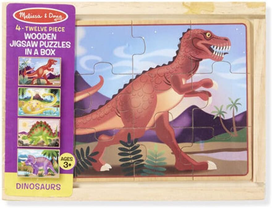 Melissa & Doug: Dinosaurs in a Box 4 x 12 Piece Jigsaw Puzzles - ميليسا آند دوغ: ديناصورات في صندوق 4 ألغاز الصور المقطوعة من 12 قطعة