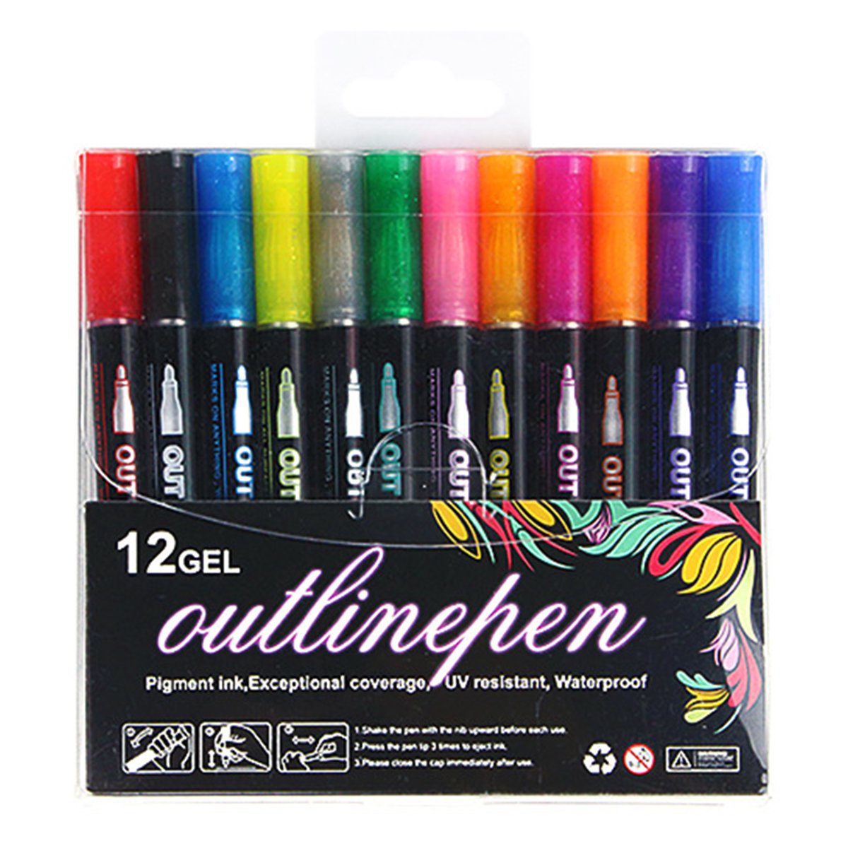 12 Colors Shimmer Outline Markers, Double Line Metallic Pen Set جوفي - عبوة نفطة مكونة من قطعتين ذهبي وفضي معدني جوفي - عبوة نفطة مكونة من قطعتين ذهبي وفضي معدني