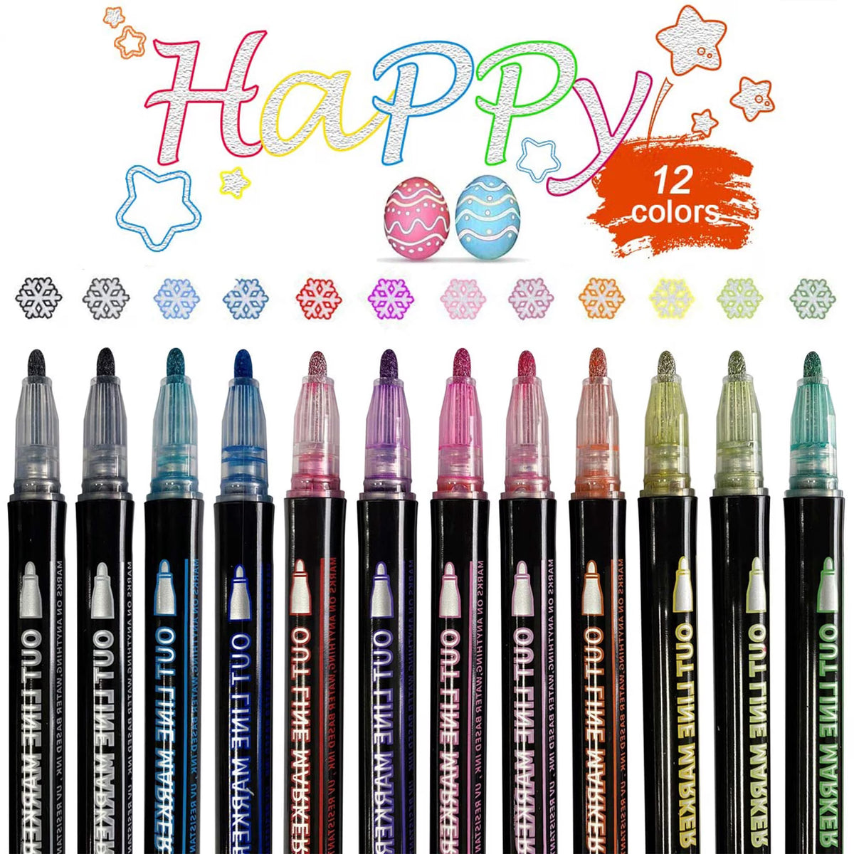 12 Colors Shimmer Outline Markers, Double Line Metallic Pen Set جوفي - عبوة نفطة مكونة من قطعتين ذهبي وفضي معدني جوفي - عبوة نفطة مكونة من قطعتين ذهبي وفضي معدني