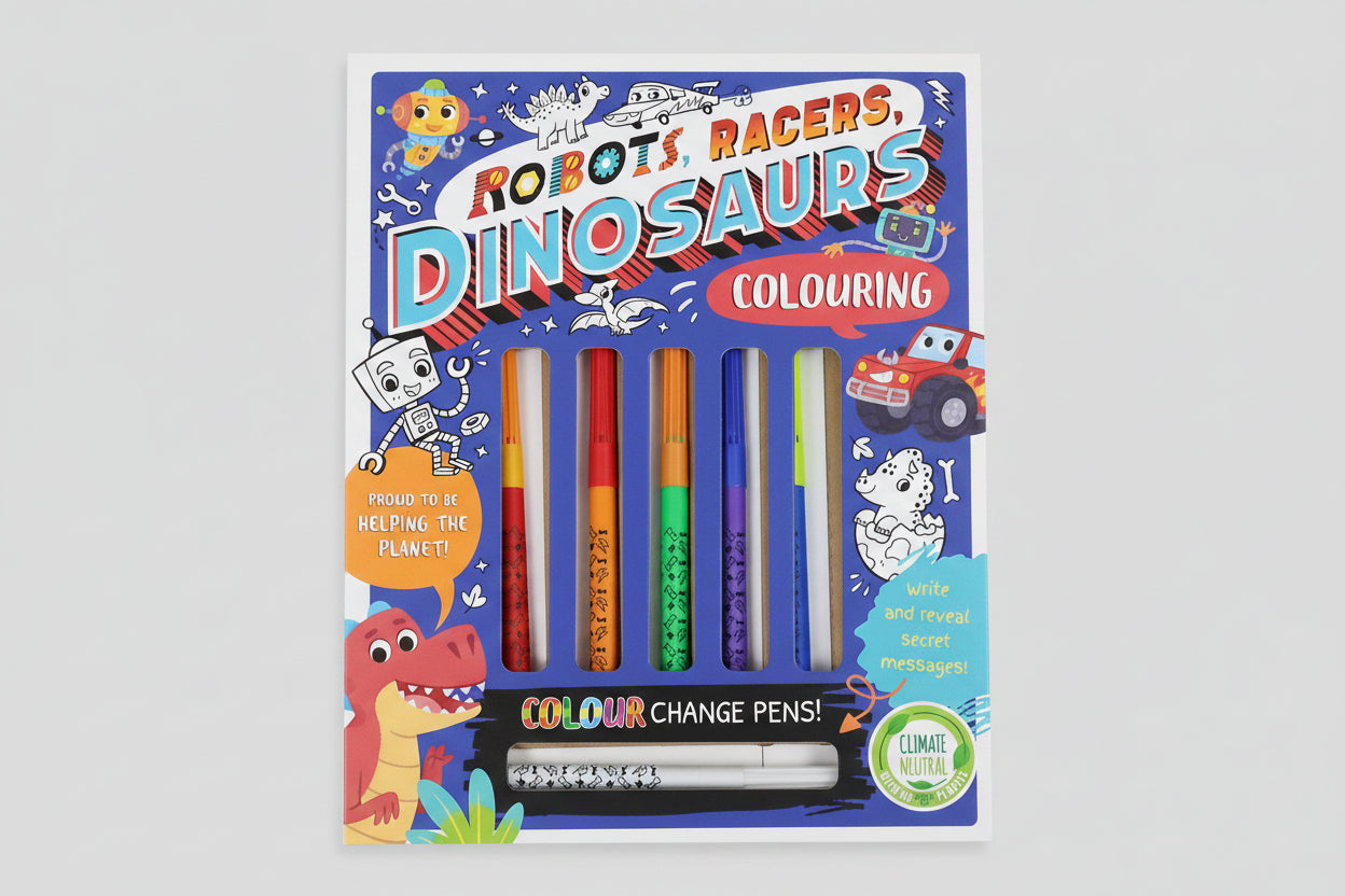 Robots, Racers, Dinosaurs Colouring: Box Set (with Colour  Change Pens) - تلوين الروبوتات والسيارات والديناصورات: مجموعة صندوق (مع أقلام تلوين متغيرة الألوان)
