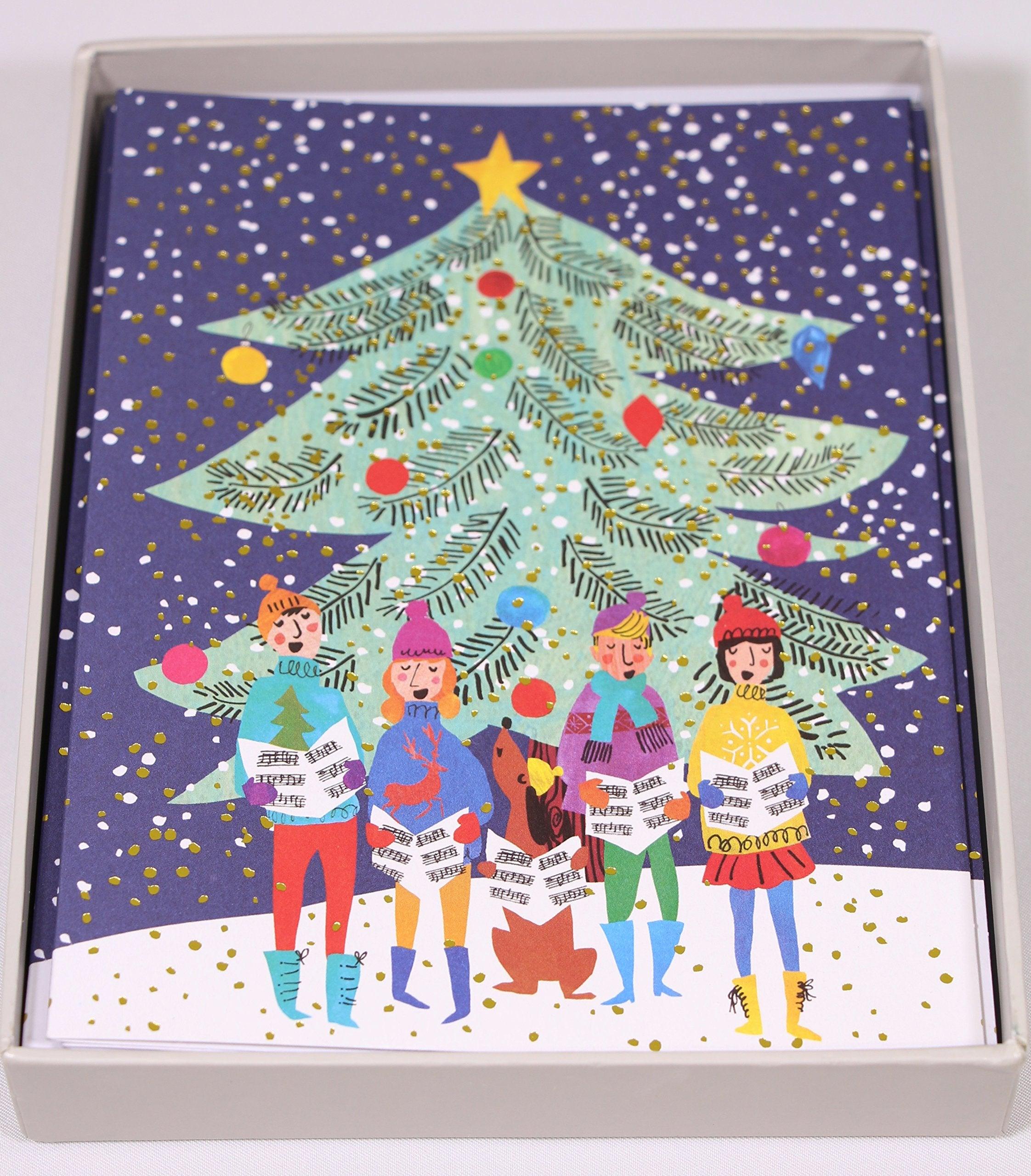 Christmas Carolers Cards (Set of 10 Cards) Large Embellished Holiday Notecards - Spectrawide Bookstore